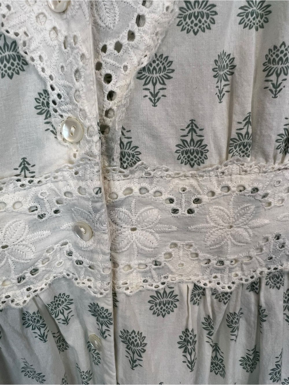 April Cornell Prairie floral cottagecore maxi Dress tiered lace inserts medium - Picture 4 of 14